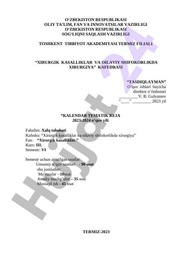 Xirurgik kasalliklar o‘quv tematik reja 2023-2024