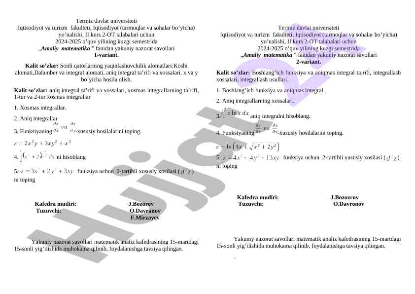 Amaliy matematika fanidan yakuniy nazorat savollari