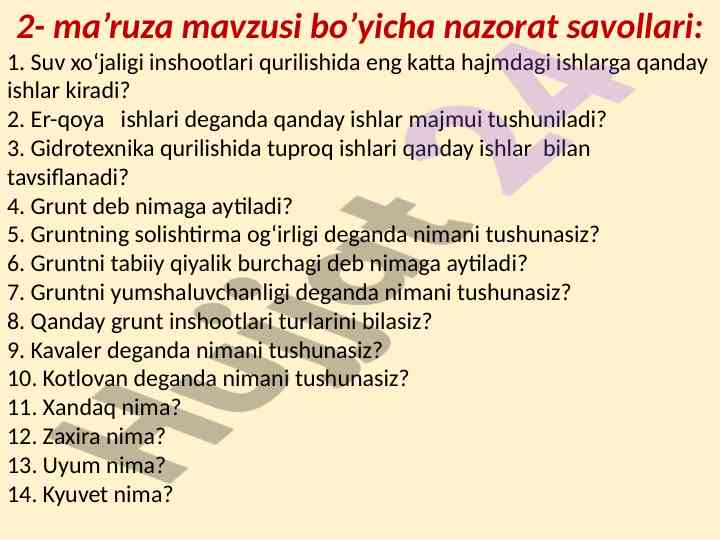 Gidrotexnika qurilishi bilan bog‘liq nazorat savollari