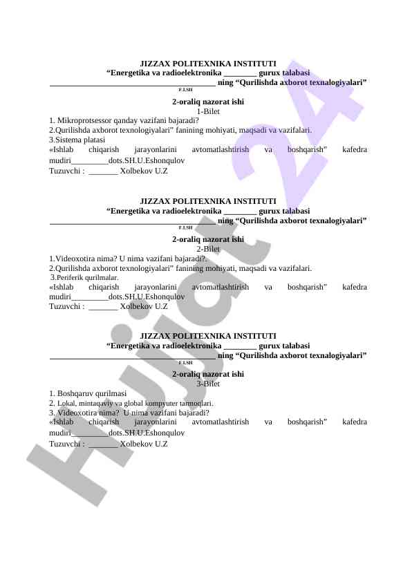 Qurilishda axborot texnologiyalari nazorat ishlari