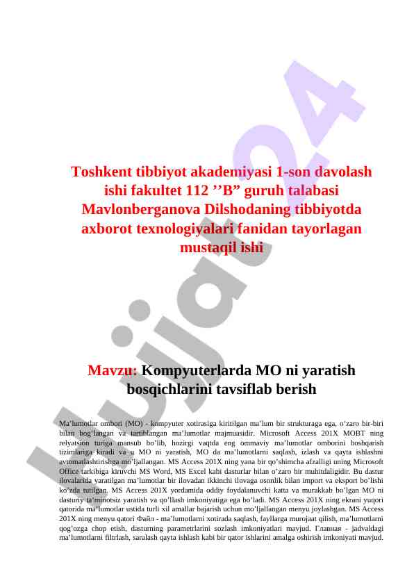 Kompyuterlarda ma'lumotlar omborini yaratish jarayoni