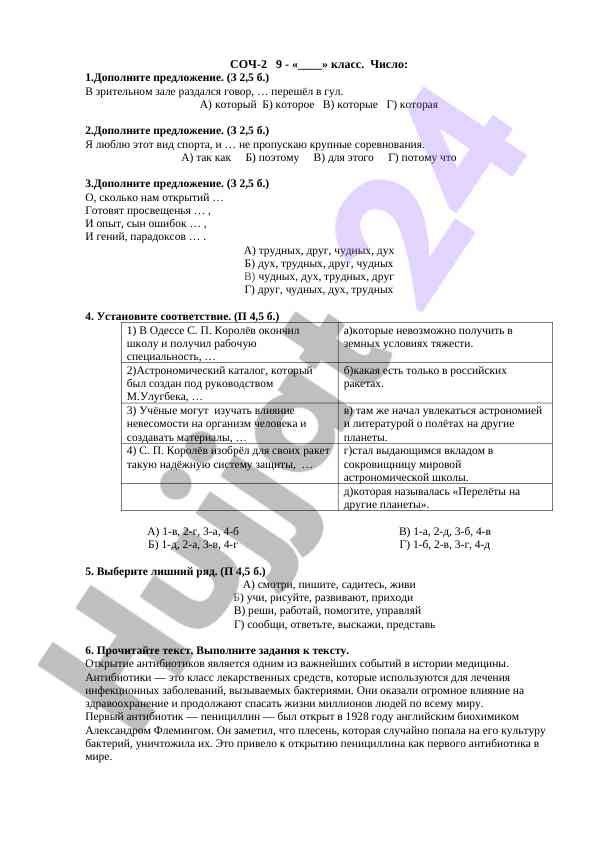 Тестовая работа по русскому языку для класса 9