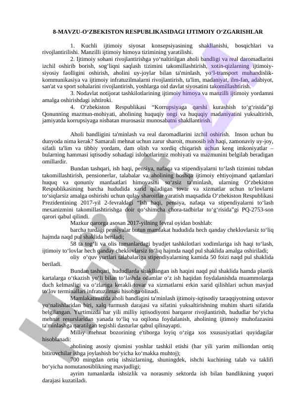 O'zbekiston respublikasi ijtimoiy o'zgarishlar