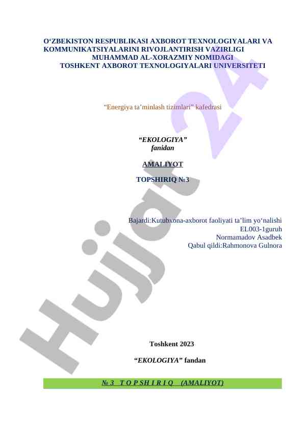Energiya ta’minlash tizimlari amaliyot topshiriq