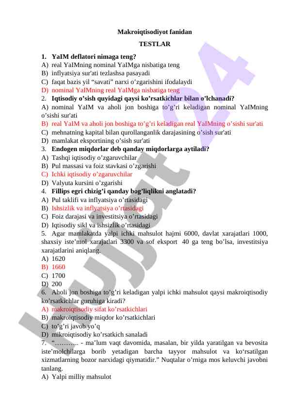 Makroiqtisodiyot fanidan testlar savollari