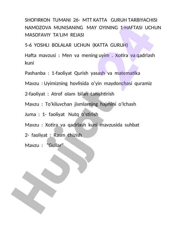 Masofaviy ta’lim rejasi 5-6 yoshli bolalar uchun