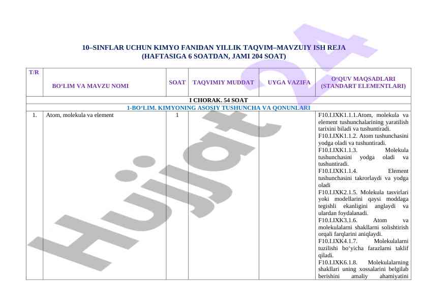 Yillik taqlim - kimyo fani reja 10-11 sinflar uchun