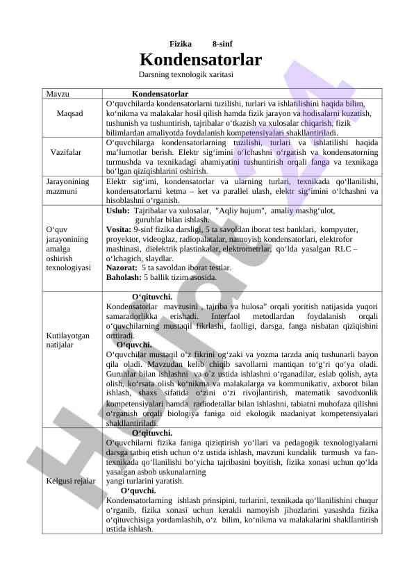 Kondensatorlar dars texnologik xaritasini tahlil qilish