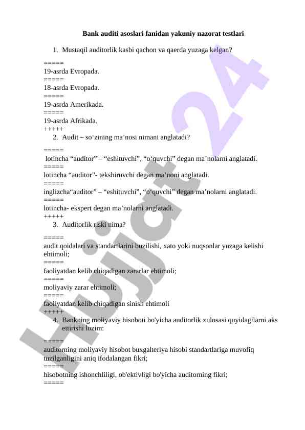 Bank auditi asoslari fanidan yakuniy nazorat testlari
