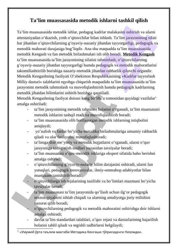 Ta’lim muassasasida metodik ishlarni tashkil qilish