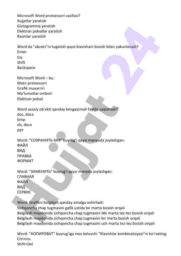 Microsoft word dasturidagi asosiy vazifalar