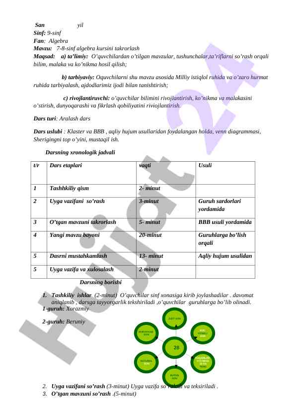 Algebra kursini takrorlash dars ishlanmasi