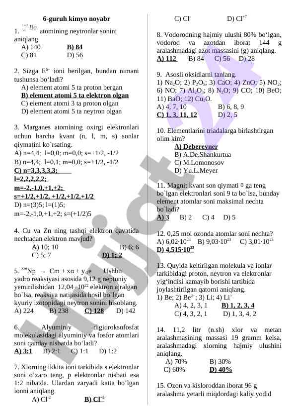 Kimyo fanidan test savollari bilan tanishing