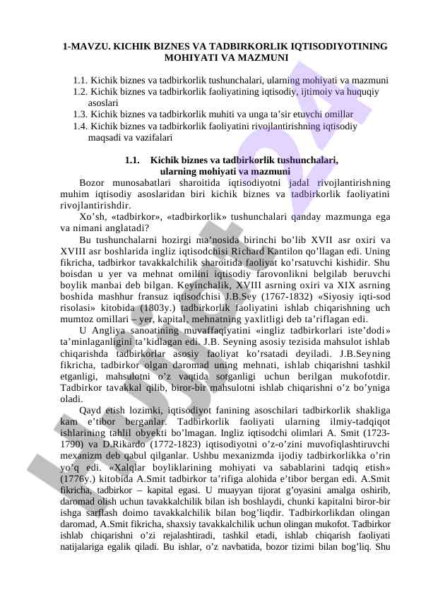 Kichik biznes va tadbirkorlikning mohiyati va mazmuni