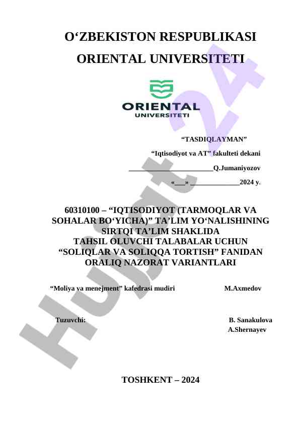 Soliqlar va soliqqa tortish fanidan nazorat variantlari