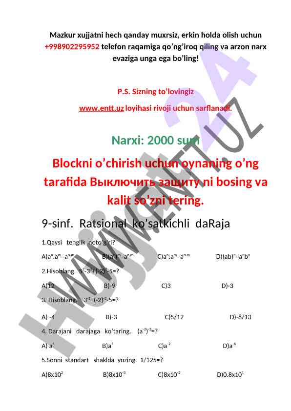 9-sinf math test questions and answers