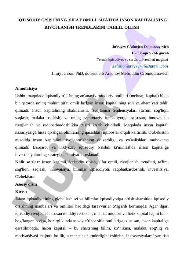 Iqtisodiy o'sish va inson kapitali