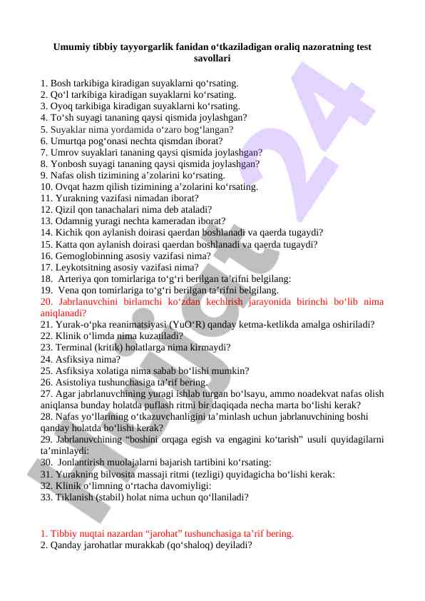 Nazorat test savollari umumiy tibbiy tayyorgarlik
