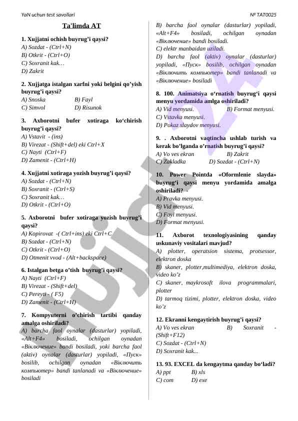 Kompyuter foydalanuvchilari uchun test savollari