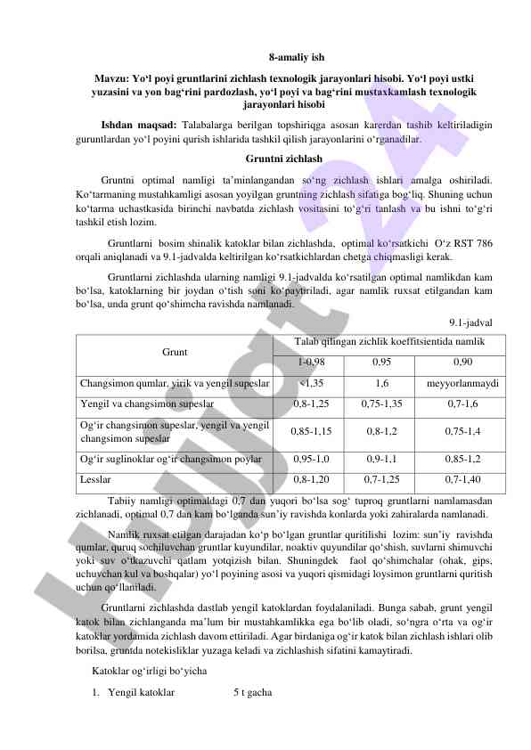 Yo‘l poyi gruntlarini zichlash texnologik jarayonlari