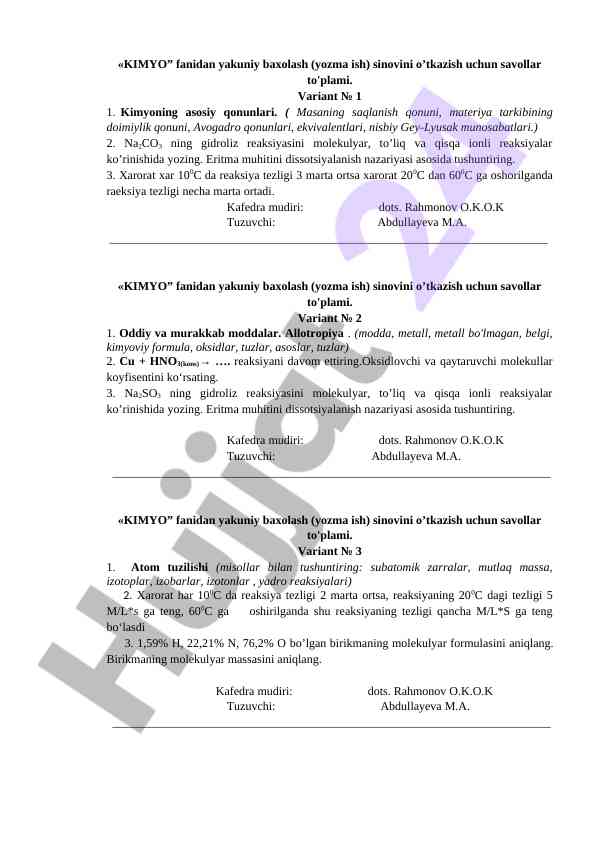 Kimyo fanidan yakuniy baxolash savollari to'plami