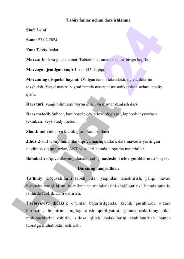 Jonli va jonsiz tabiat dars ishlanmasi 2-sinf uchun