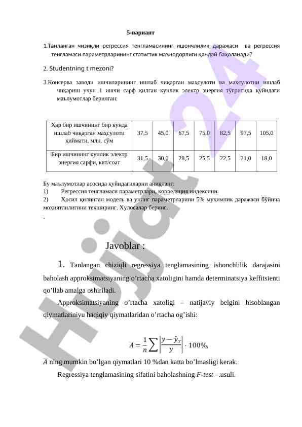 Regressiya tenglamasi parametrlarini baholash
