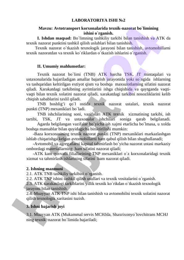 Avtotransport korxonalari texnik nazorat bo`limi