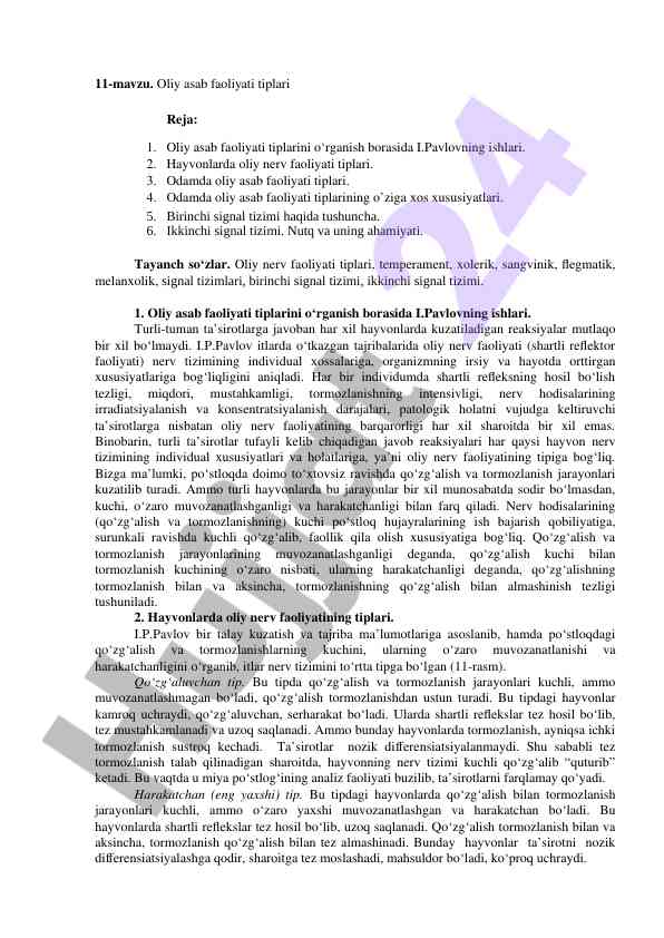 Oliy asab faoliyati tiplari va pavlovning ishlari