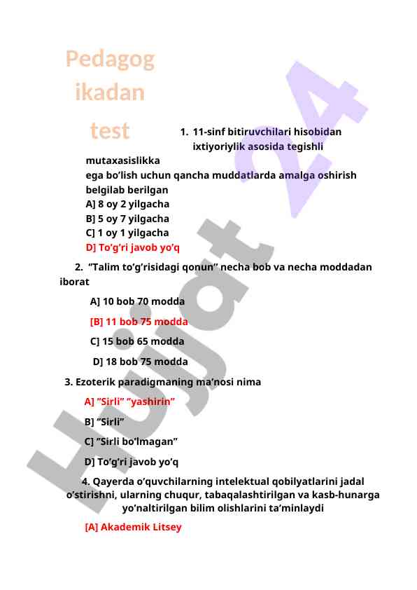 11-sinf bitiruvchilariga yuzlanayotgan test savollari