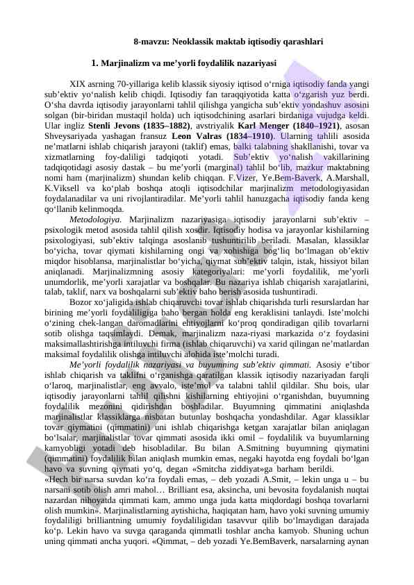 Neoklassik maktab iqtisodiy qarashlari