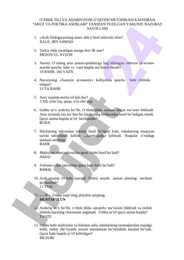 Aruz va poetika asoslari fanidan yakuniy nazorat savollari