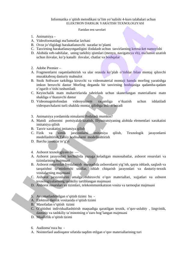 Informatika o'qitish metodikasi test savollari