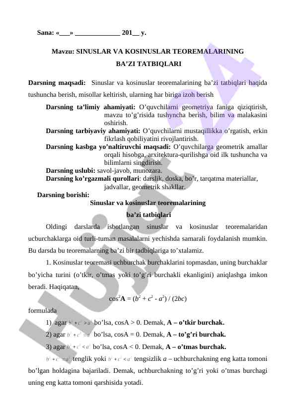 Sinuslar va kosinuslar teoremalarining tatbiqlari