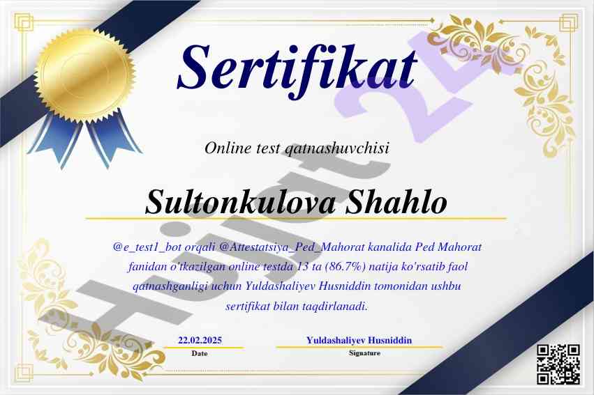 Online testda faol qatnashish sertifikatlari