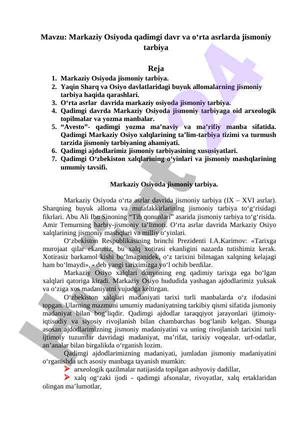 Markaziy osiyoda qadimgi jismoniy tarbiya asoslari