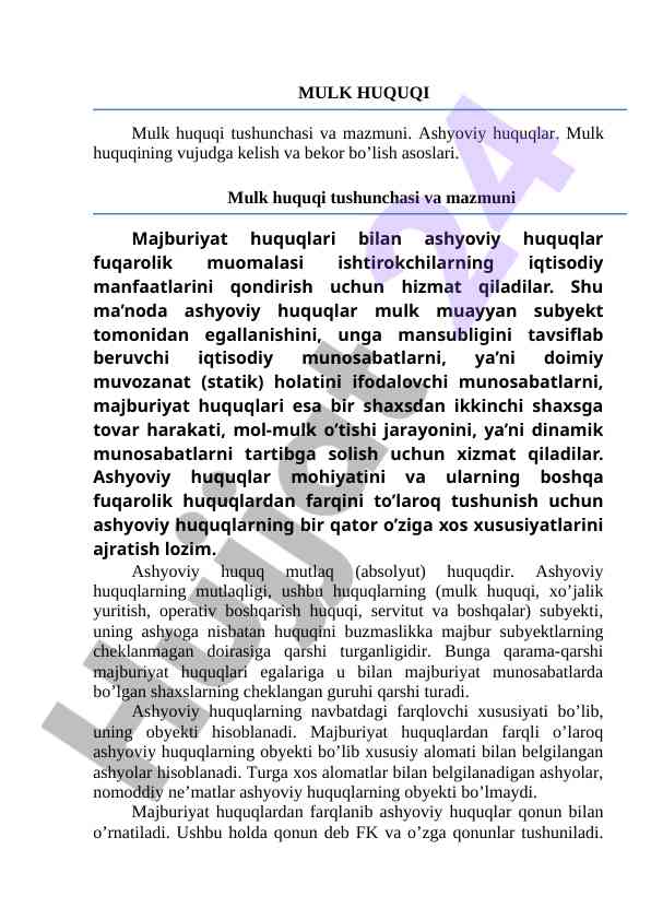 Mulk huquqi tushunchasi va mazmuni kiritilishi
