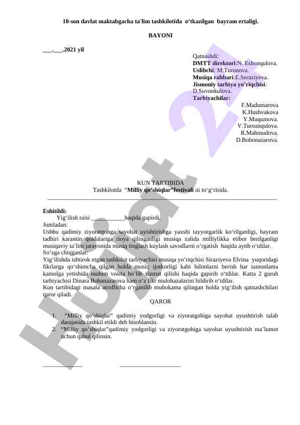 Milliy qo'shiqlar festivalida tashkilot faoliyati