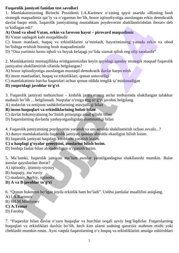 Fuqarolik jamiyati fanidan test savollari