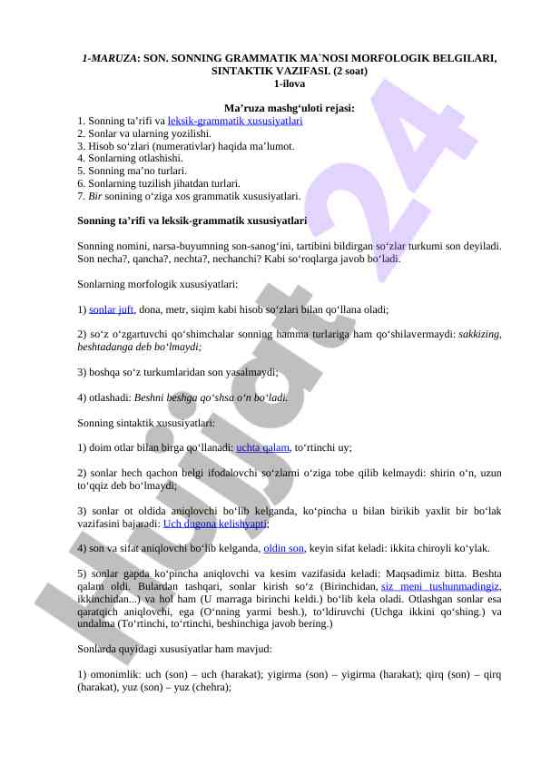 Sonning grammatik ma'nosi va sintaktik vazifasi