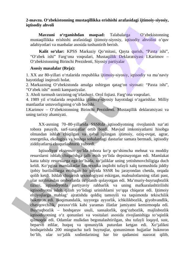 O‘zbekiston mustaqilligi arafasidagi ijtimoiy-siyosiy ahvol