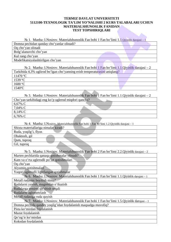 Materialshunoslik Fani Test Topshiriqlari