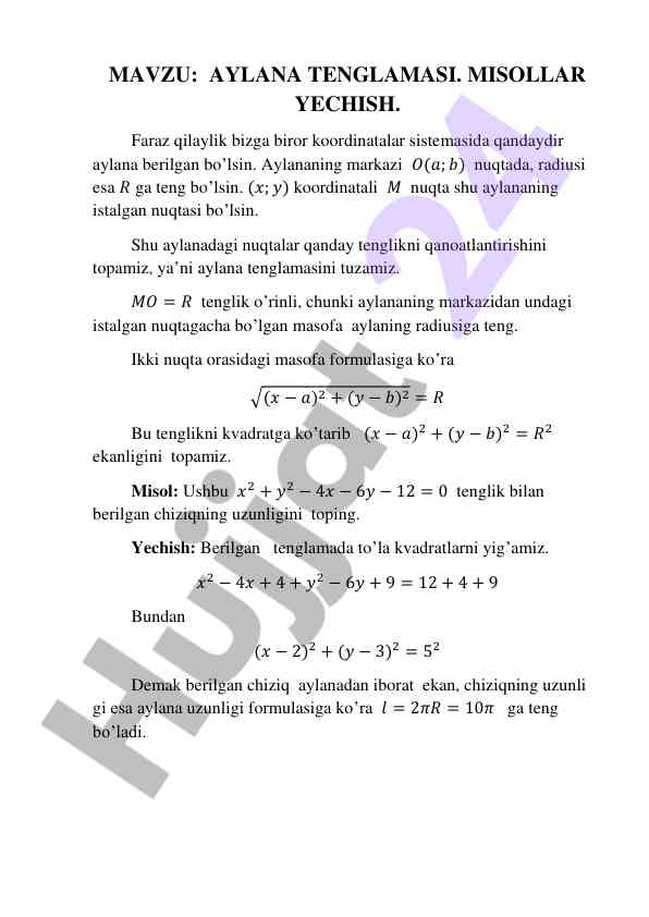Aylana tenglamasi misollar yechish batafsil