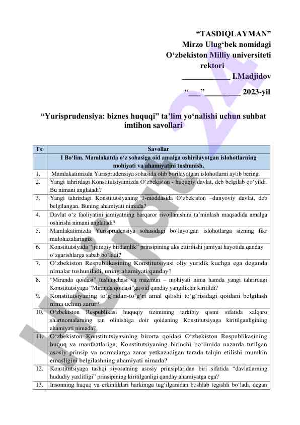 Yurisprudensiya suhbat imtihon savollari 2023