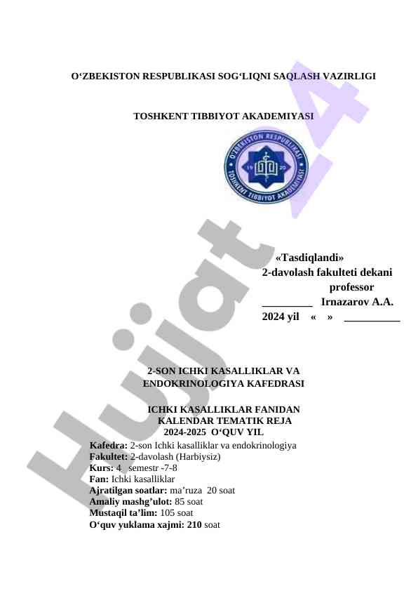 Ichki kasalliklar fanidan kalendar tematik reja 2024-2025