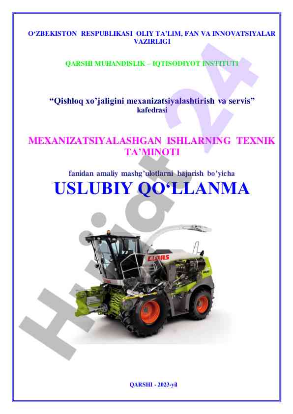 Qishloq xo’jaligini mexanizatsiyalash bo’yicha uslubiy qo’llanma