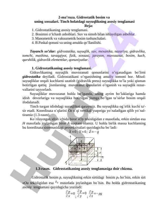 Gidrostatik bosim va uning xossalari