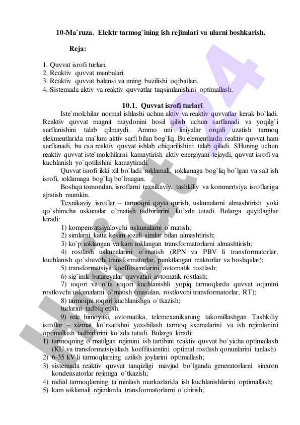 Elektr tarmog'ining ish rejimlari va boshqarish