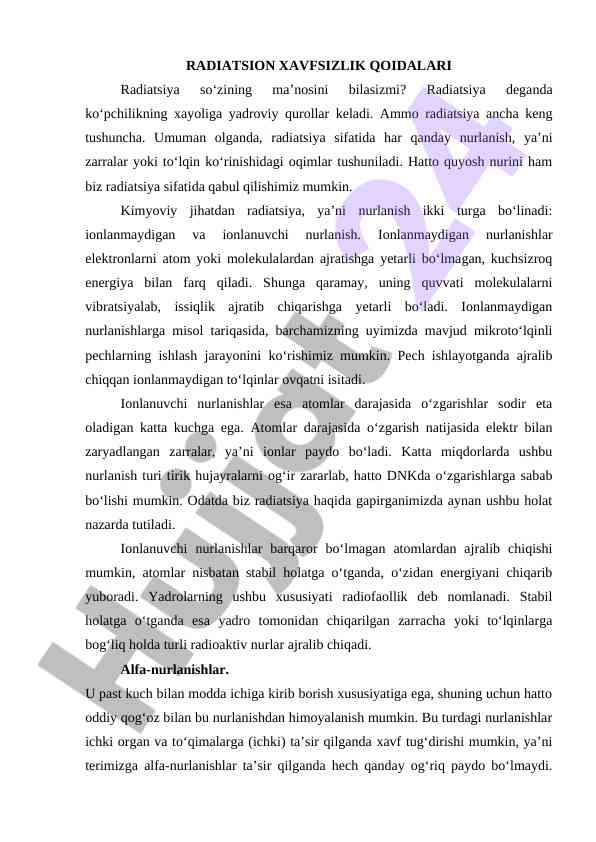 Radiatsion xavfsizlik qoidalari va tushunchalari