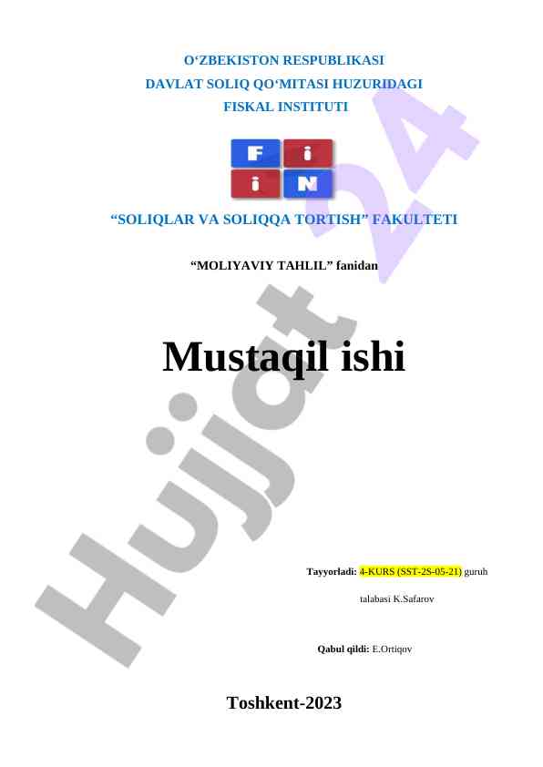 Moliya tahlil fanidan mustaqil ishning tahlili